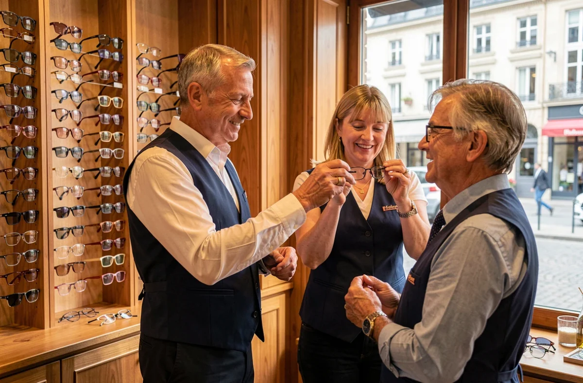 Opticiens indépendants Savary Lucas Delorme à Épernay avec deux opticiens aidant un client à choisir des lunettes dans une boutique chaleureuse