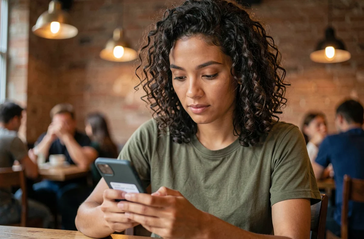 Femme consultant les paramètres de confidentialité de son smartphone dans un café pour limiter ses traces numériques