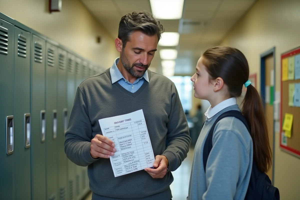 Père en costume dans un couloir scolaire avec sa fille