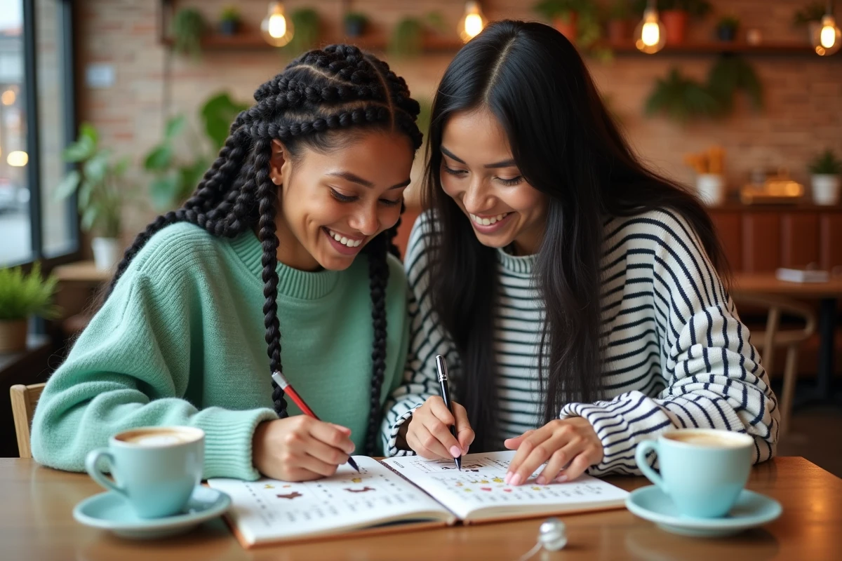 Deux jeunes femmes collaborant sur un cahier de pixel art kawaii dans un café cosy