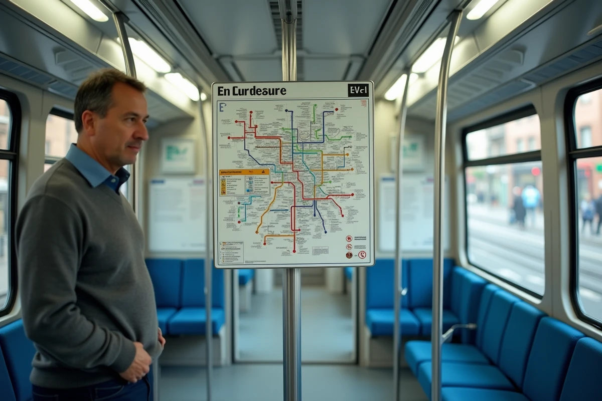 Plan du réseau tramway lignes E et F de Bordeaux affiché à l'intérieur d'une rame avec usager en arrière-plan