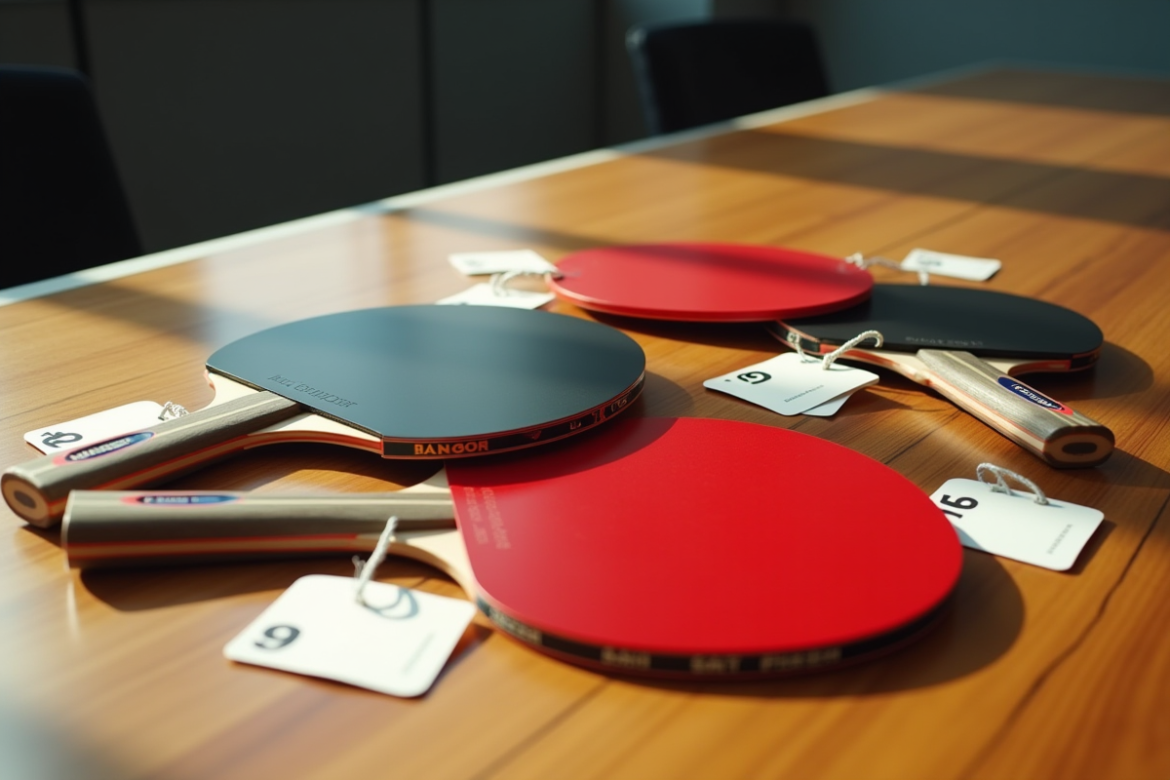 Plusieurs raquettes de ping pong avec designs variés sur une table en bois