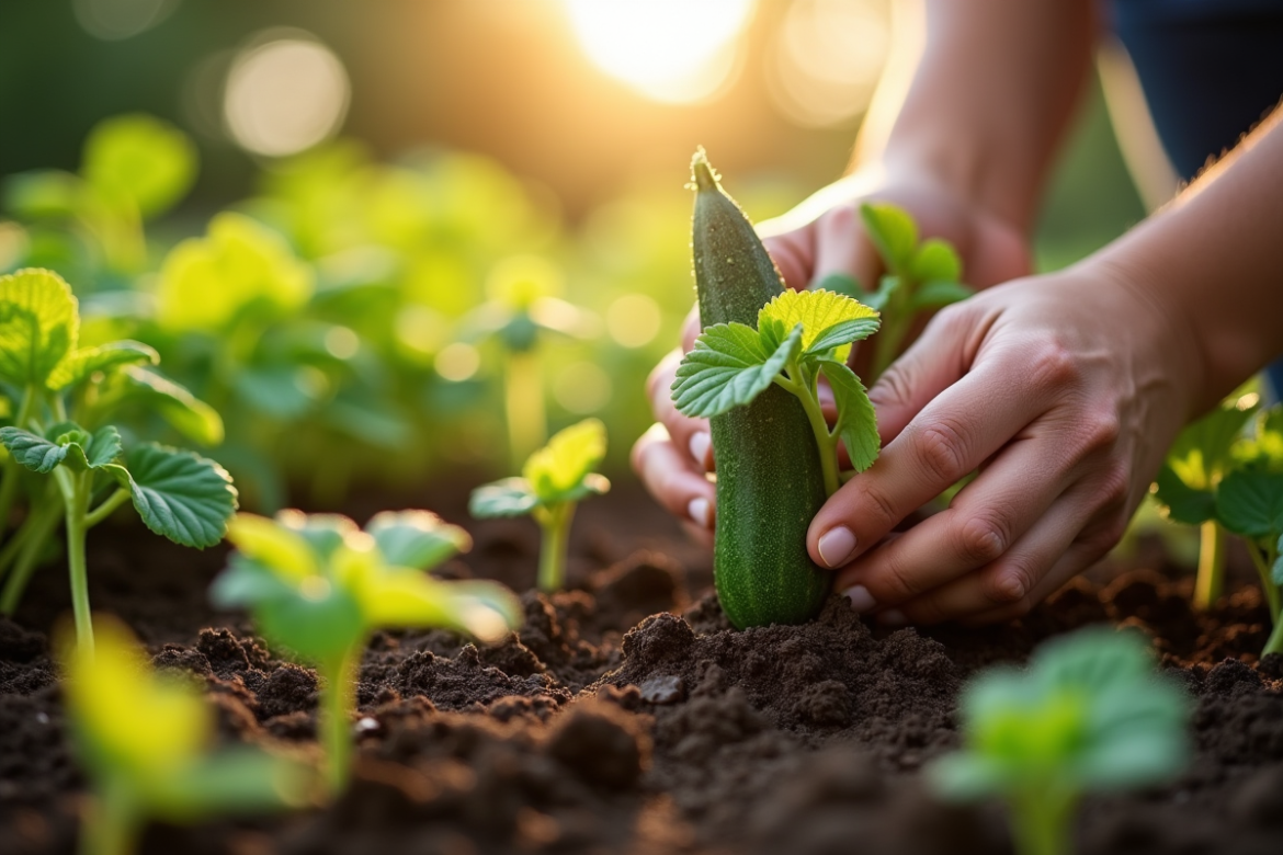 Personne plantant des jeunes plants de concombre dans un jardin ensoleille