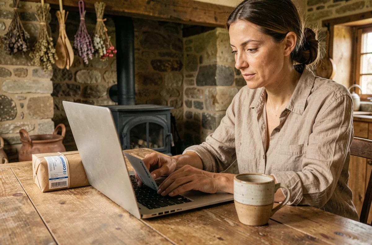 Femme préparant une expédition Colissimo depuis son domicile rural avec étiquette et colis sur table en bois
