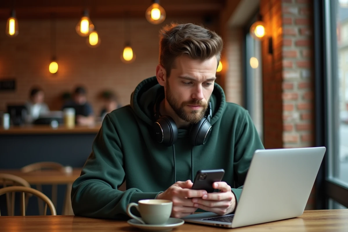 Jeune homme dans un café à Genève recherchant des informations sur l'indicatif téléphonique suisse 0041 sur son téléphone