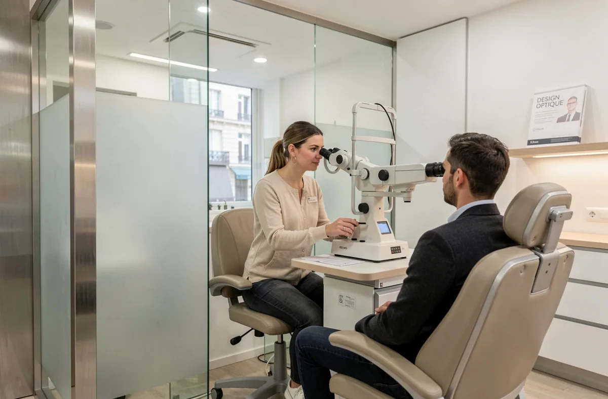 Opticien Reims Design Optique en centre-ville avec une opticienne effectuant un test de vue pour un patient dans une salle d'examen moderne