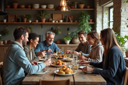 Groupe d'adultes partageant un repas convivial dans une cuisine chaleureuse