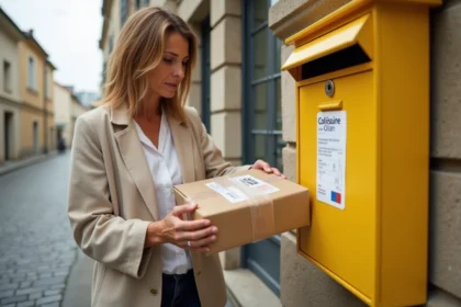 Femme déposant un colis Colissimo dans une boîte aux lettres jaune La Poste en zone résidentielle