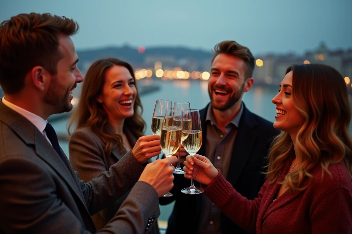 Groupe d'amis fêtant le réveillon du Nouvel An sur un rooftop bar à Lyon avec champagne et vue sur la Presqu'île