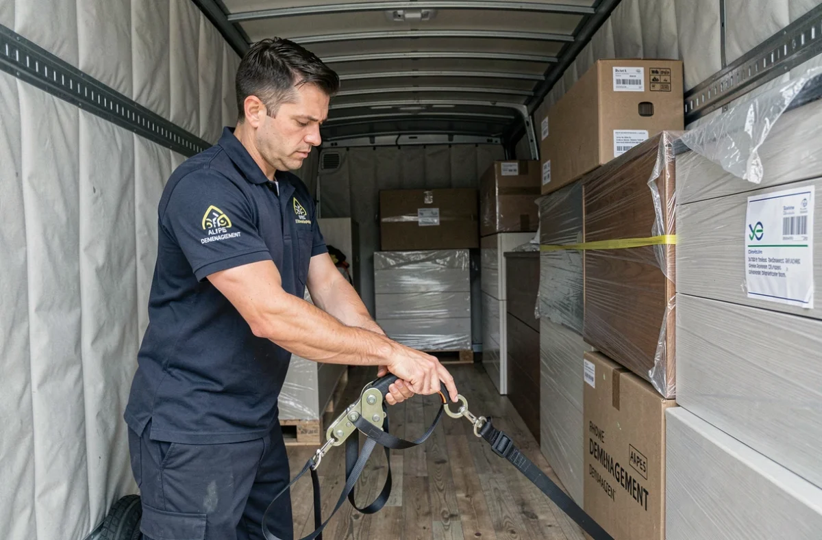 Déménageur Rhone Alpes Demenagement fixant des meubles avec des sangles à cliquet à l'intérieur du chargement d'un grand camion de déménagement