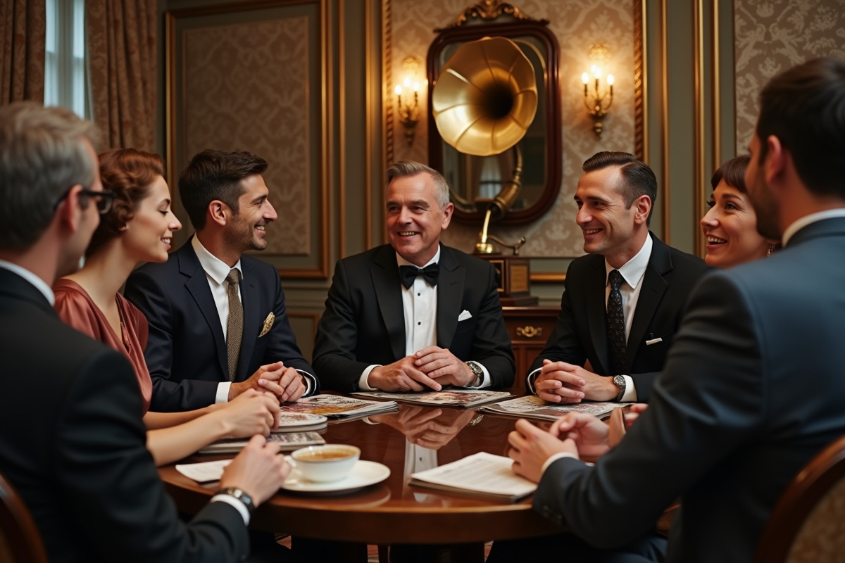 Groupe de personnes élégantes dans un salon années 1920