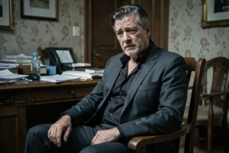 Acteur masculin en costume sombre dans un décor de tournage dramatique évoquant une scène choc de série télévisée