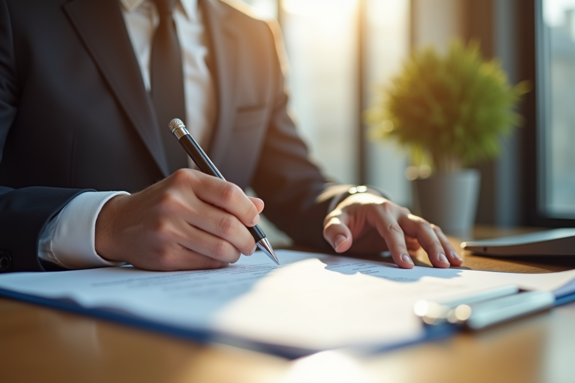 Professionnel signant un contrat à un bureau moderne