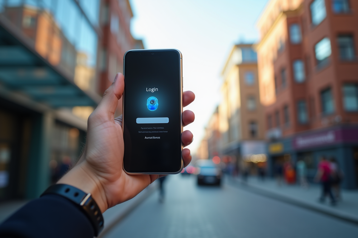 Main tenant un smartphone avec interface de connexion en ville