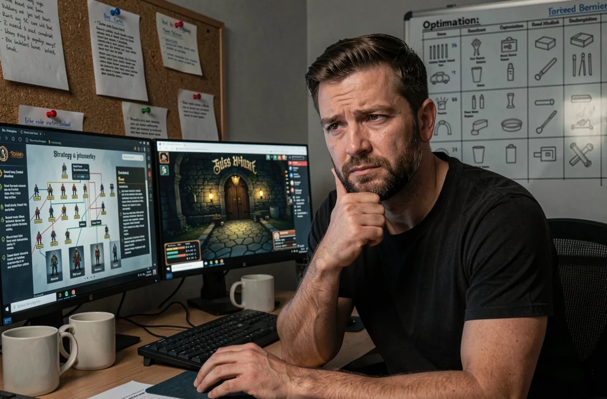 Joueur expérimenté planifiant une stratégie solo pour la porte d'Enutrosor avec guides et builds