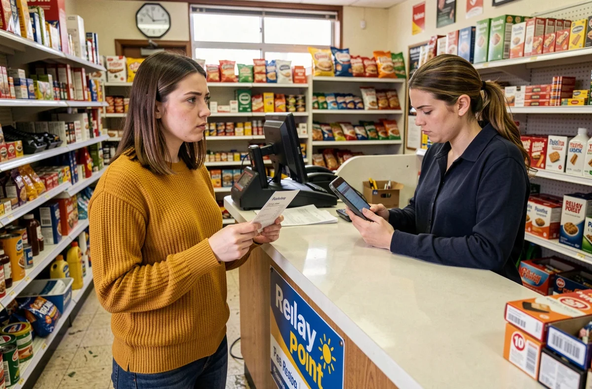 Femme au point relais LP Collect avec un bon de suivi pour récupérer un colis
