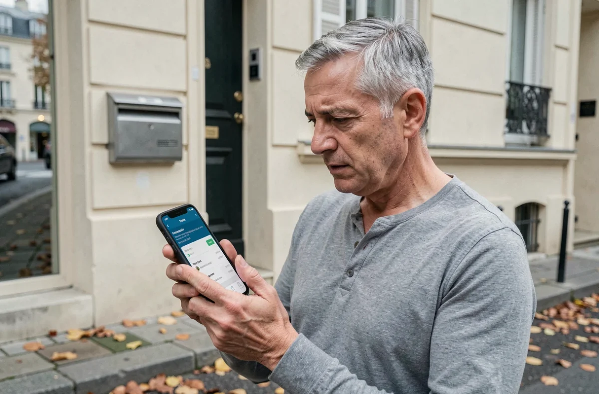 Homme vérifiant une mise à jour de suivi LP Collect sur smartphone devant un immeuble