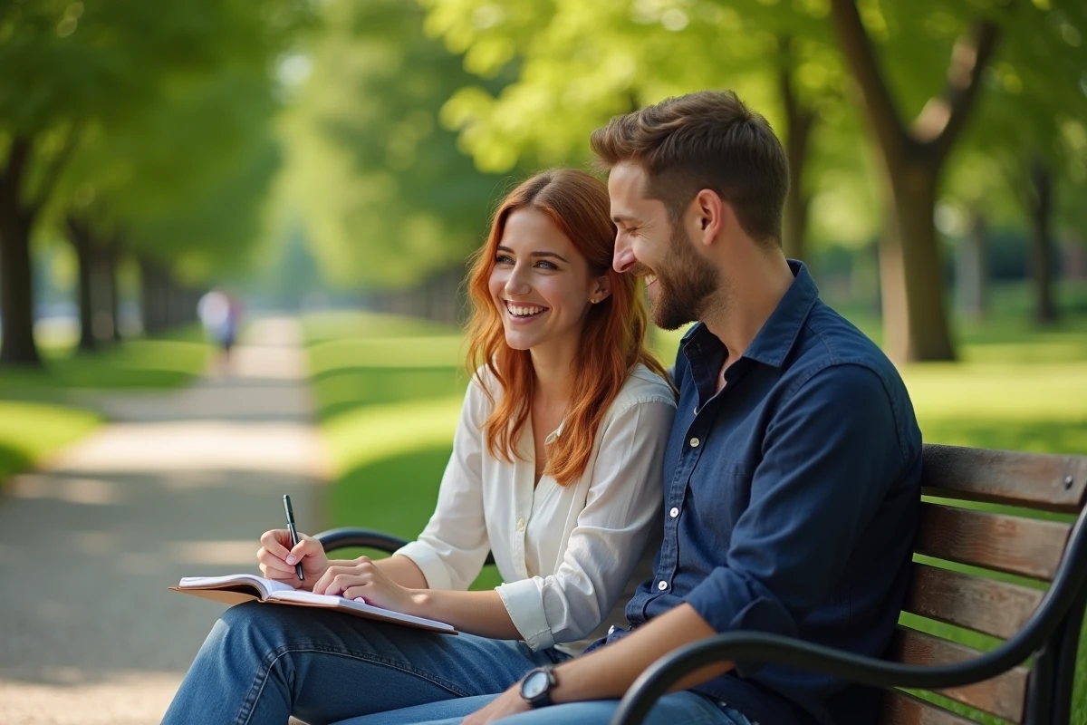 Couple complice dans un parc notant des surnoms affectueux dans un carnet