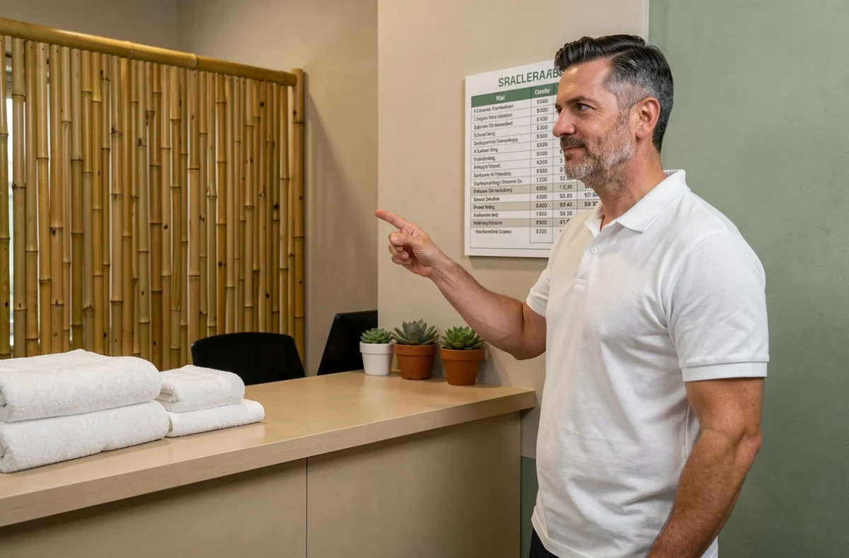 Masseur professionnel montrant une liste de tarifs affichée dans son cabinet de massage bien rangé