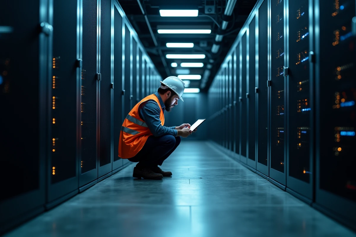 Technicien inspectant des serveurs dans un centre de données représentant la collecte et le stockage de données personnelles