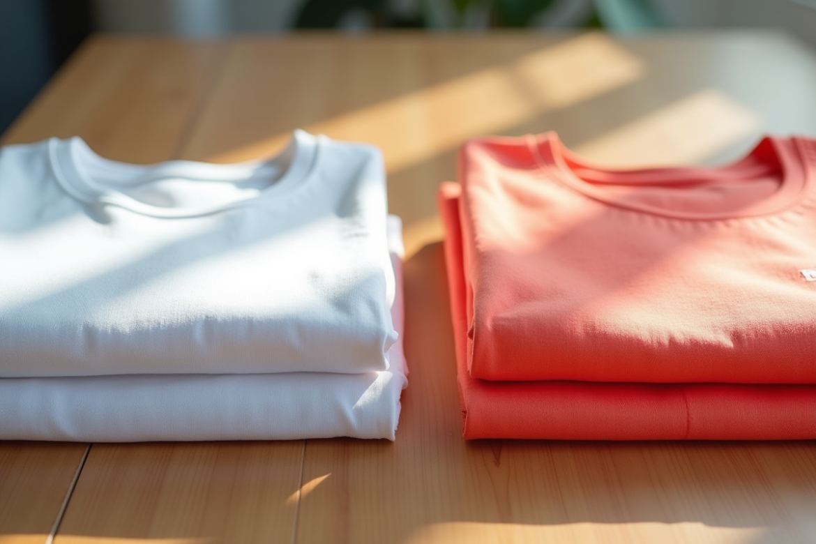 T-shirts pliés coton blanc et polyester coloré sur une table en bois