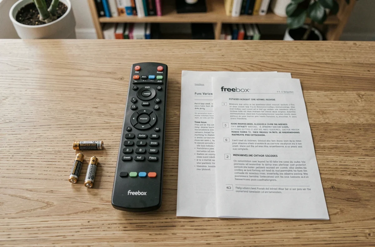 Télécommande Freebox posée sur un bureau en bois avec piles AA et notice d'utilisation
