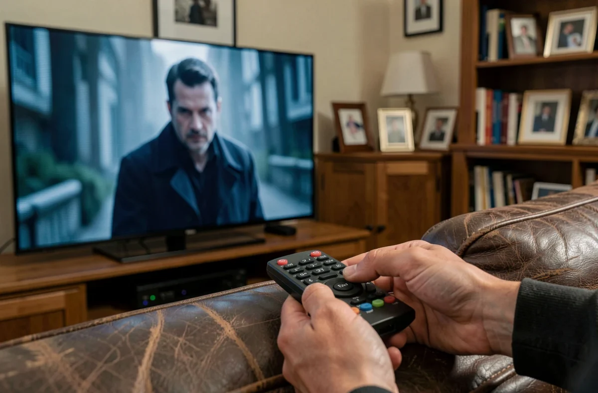 Télévision affichant une scène dramatique d'une série avec un personnage masculin en manteau sombre lors d'un épisode choc