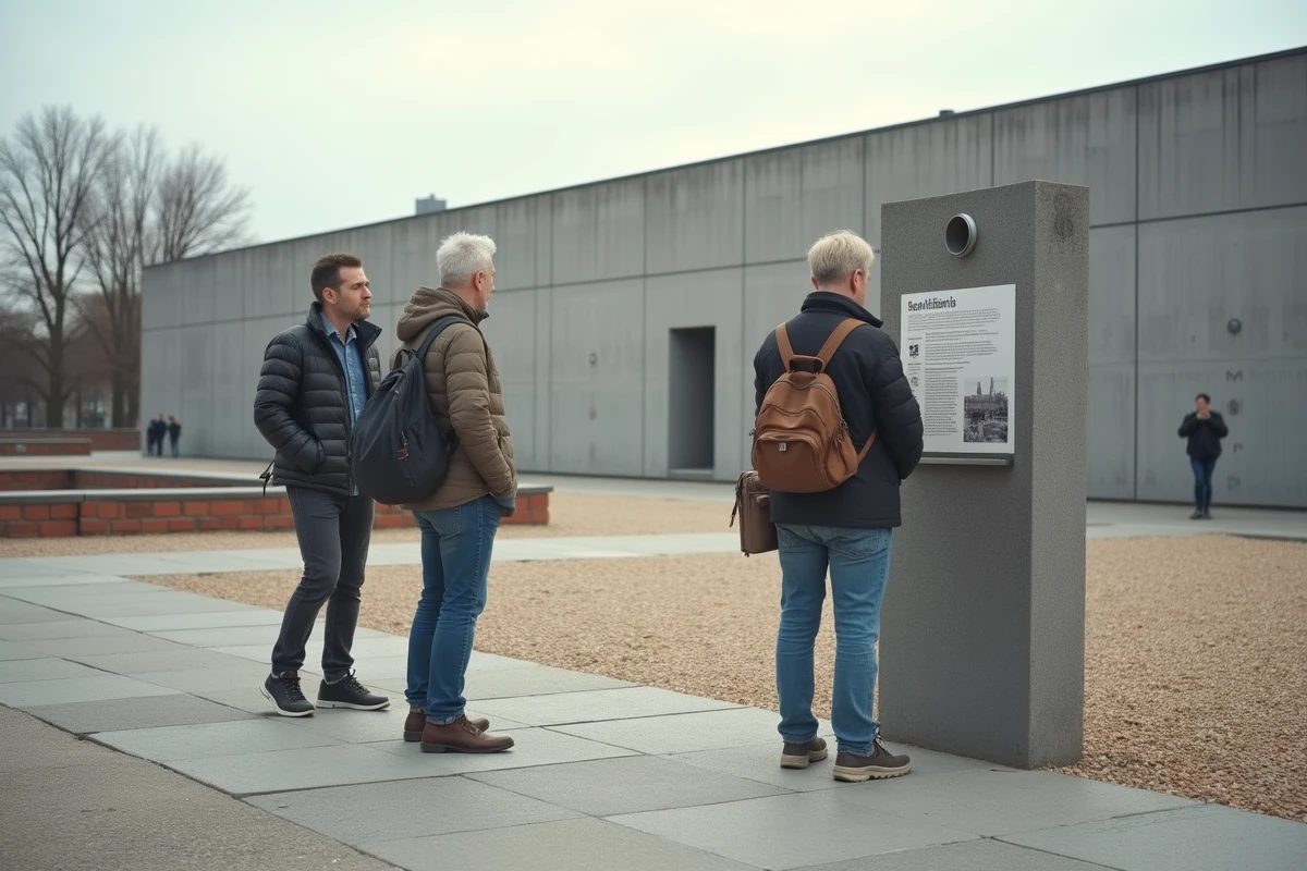 Touristes devant le centre de documentation Topographie de la Terreur à Berlin, site historique lié à la Seconde Guerre mondiale