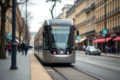 Tramway ligne E de Bordeaux circulant sur les voies urbaines avec affichage de destination visible