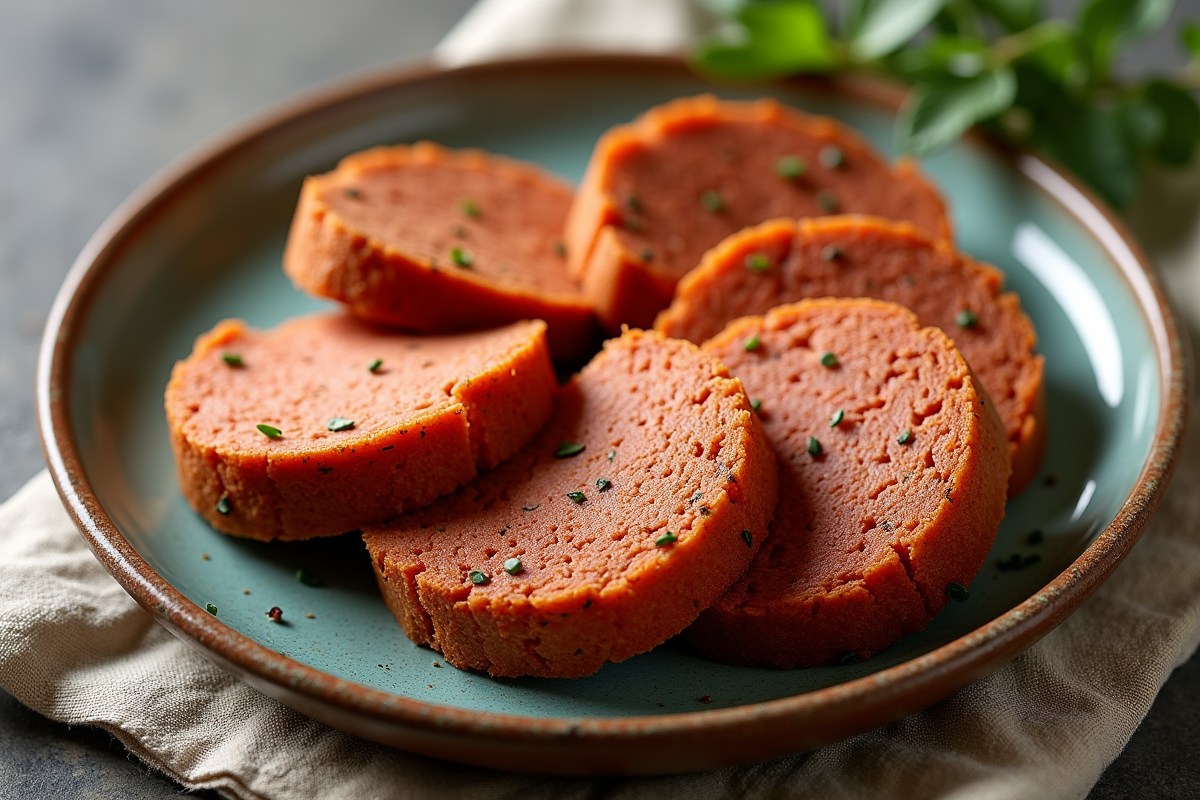 Tranches de gâteau de chorizo sur assiette en céramique rustique