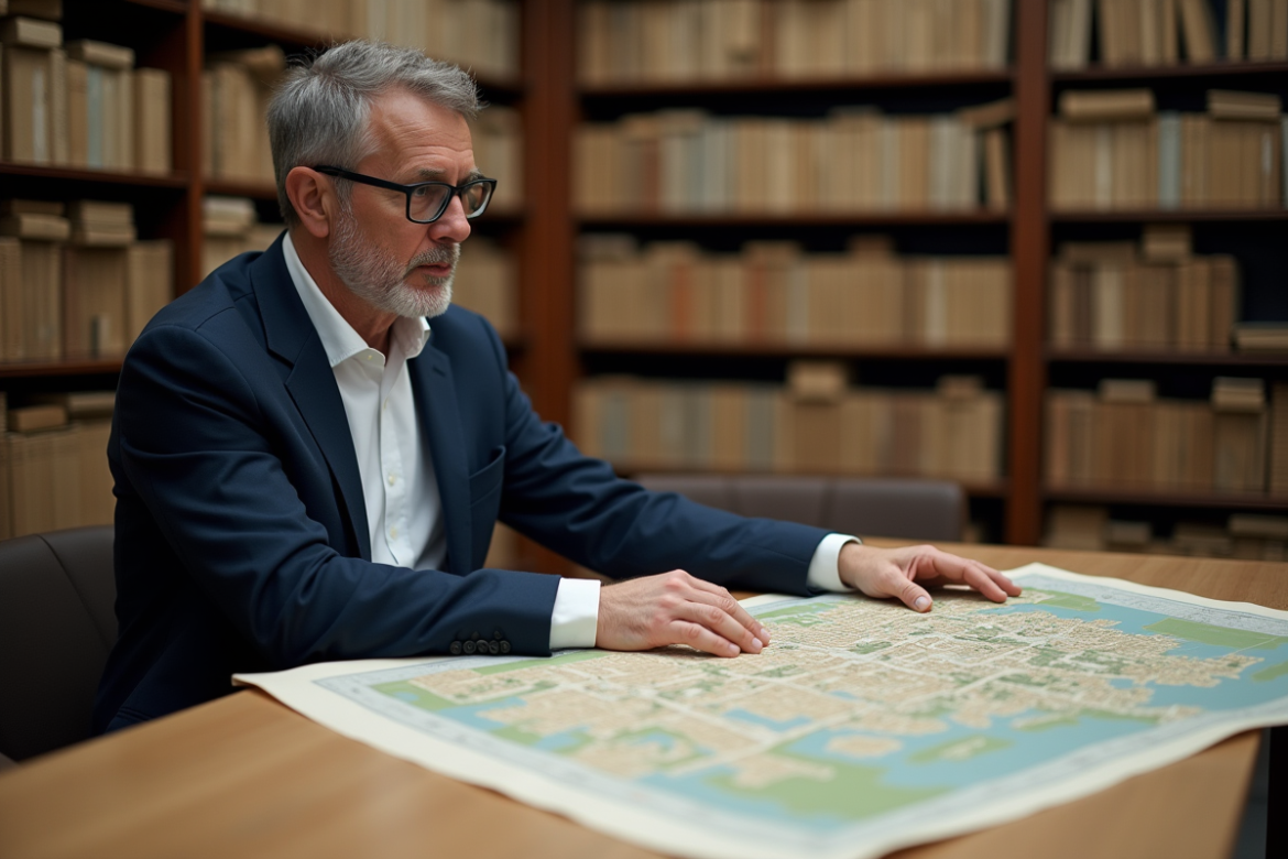 Urbaniste examine un plan de zonage ancien dans une archive