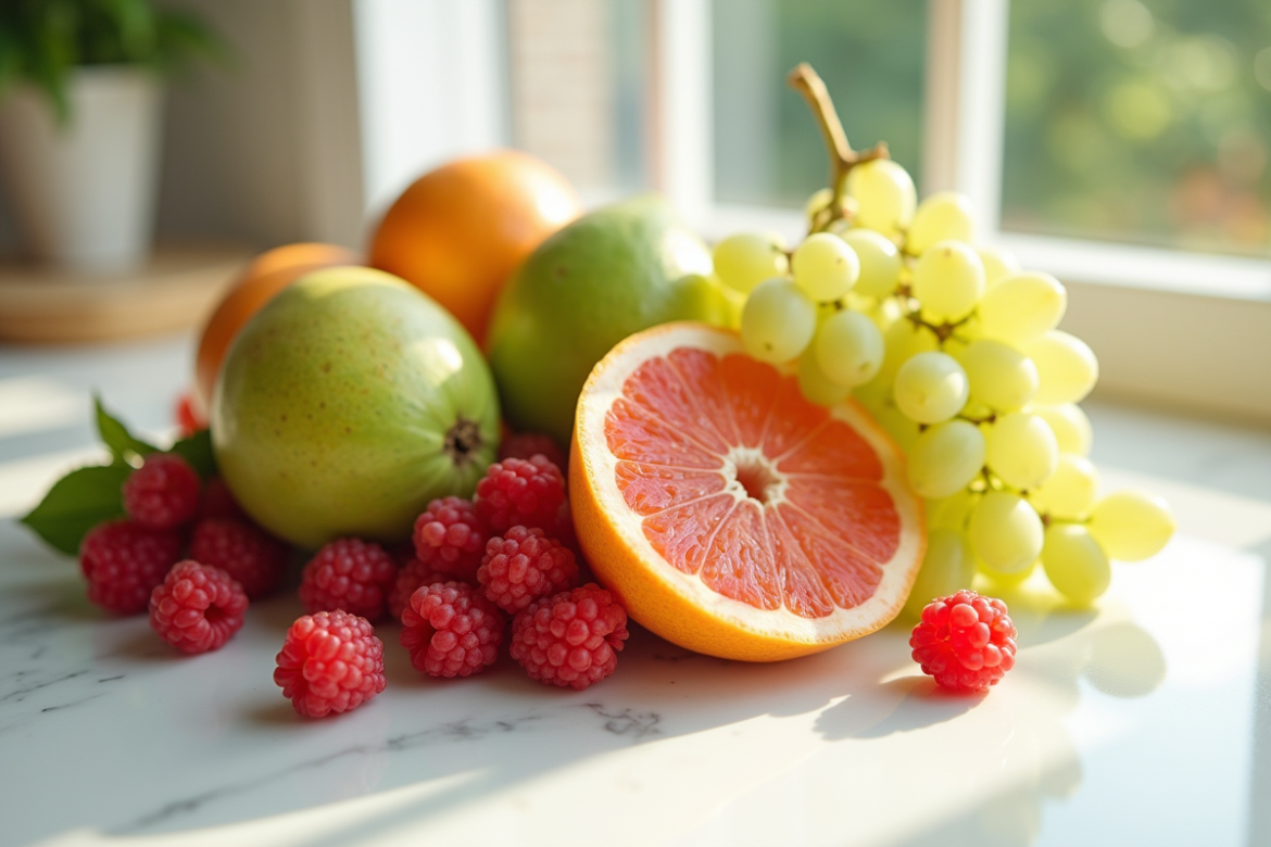 Assortiment de fruits frais sur plan de travail en marbre blanc