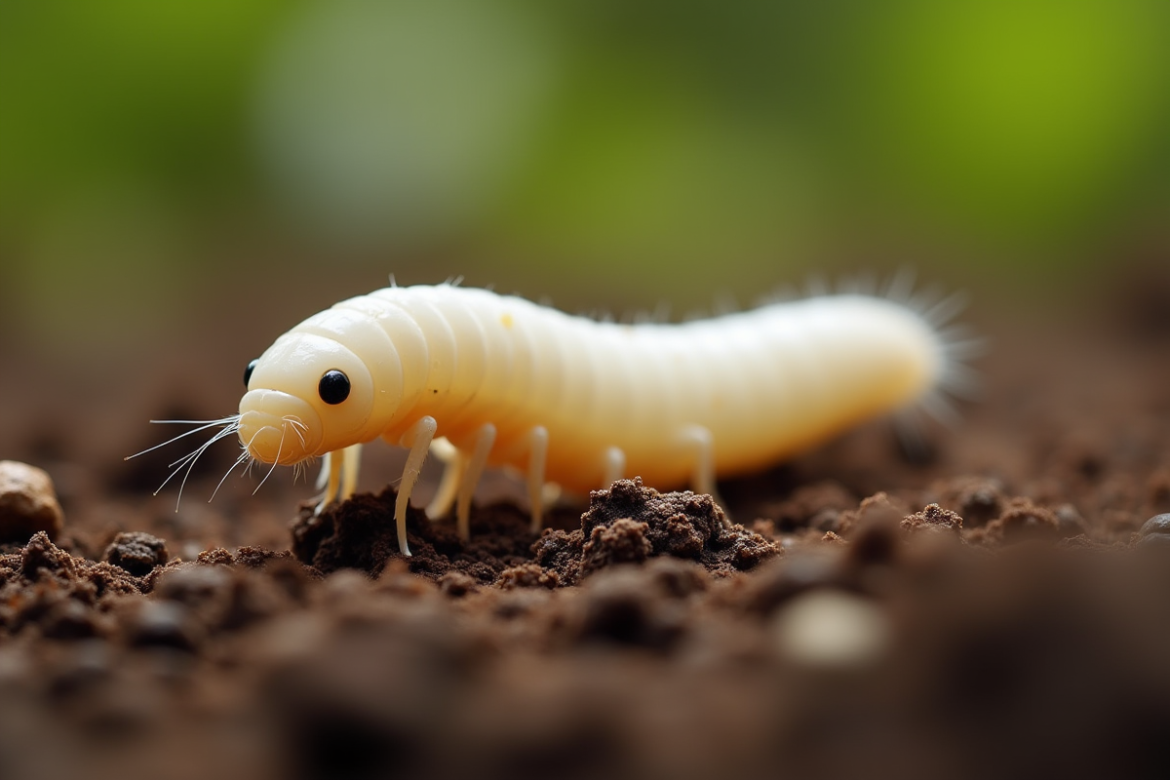 ver blanc sur sol humide en macro pour article
