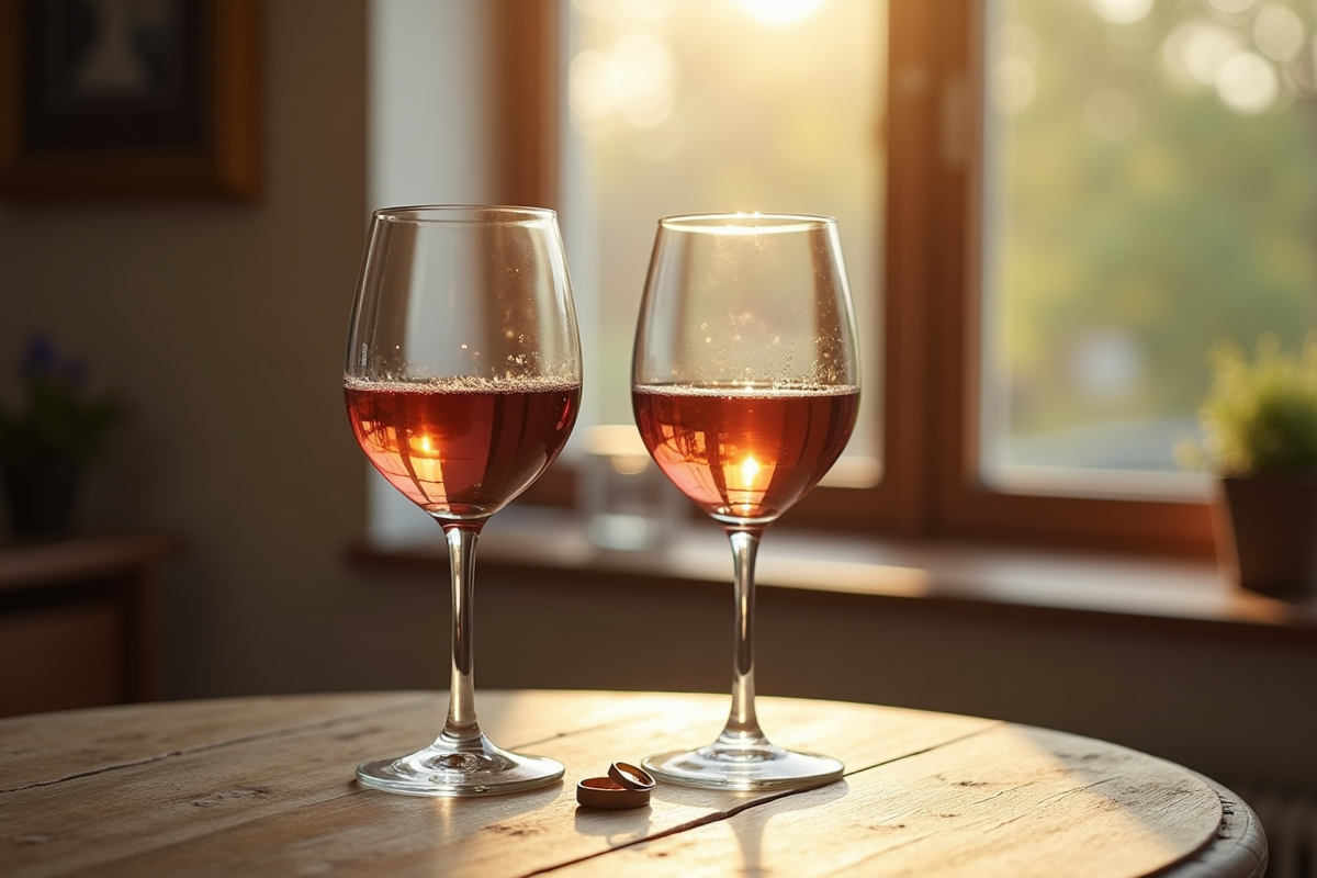 Verres de vin avec alliances sur une table en bois