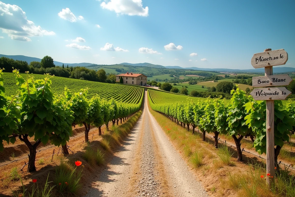 Vignoble de l'Armagnac dans le Gers sous un ciel ensoleillé avec un chemin de gravier et une ferme gasconne en arrière-plan