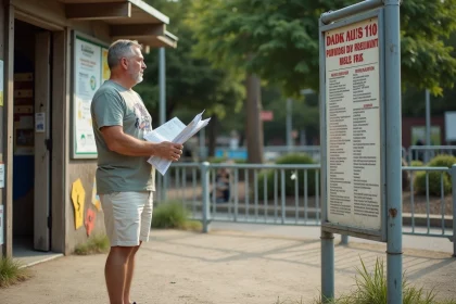 Homme d'âge moyen devant une entrée de parc d'attractions