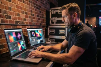 Visual jockey masculin travaillant sur ses logiciels VJ derrière un booth dans un club, illustrant la tarification des prestations événementielles