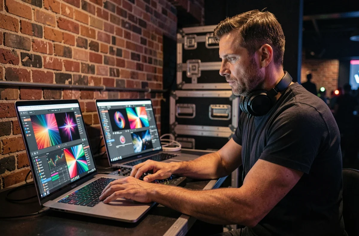 Visual jockey masculin travaillant sur ses logiciels VJ derrière un booth dans un club, illustrant la tarification des prestations événementielles