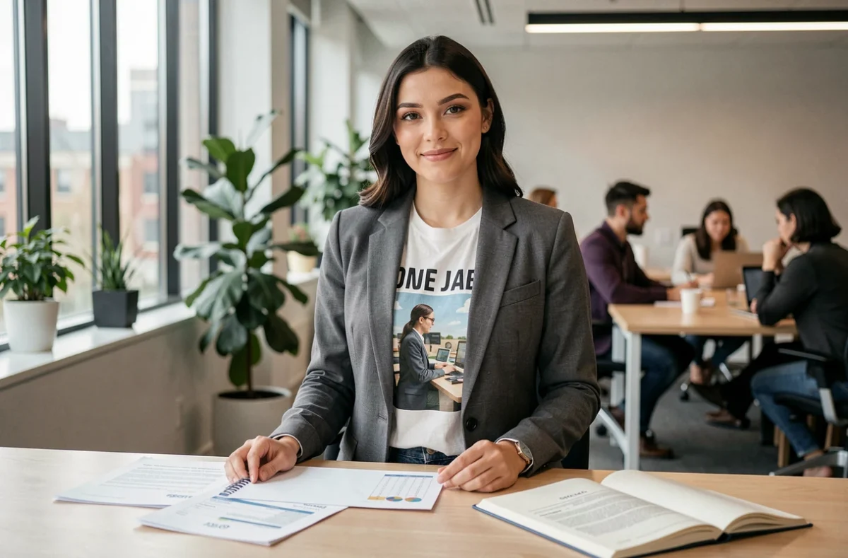 Visual jockeuse présentant ses tarifs lors d'une réunion professionnelle avec contrat et grille tarifaire sur la table