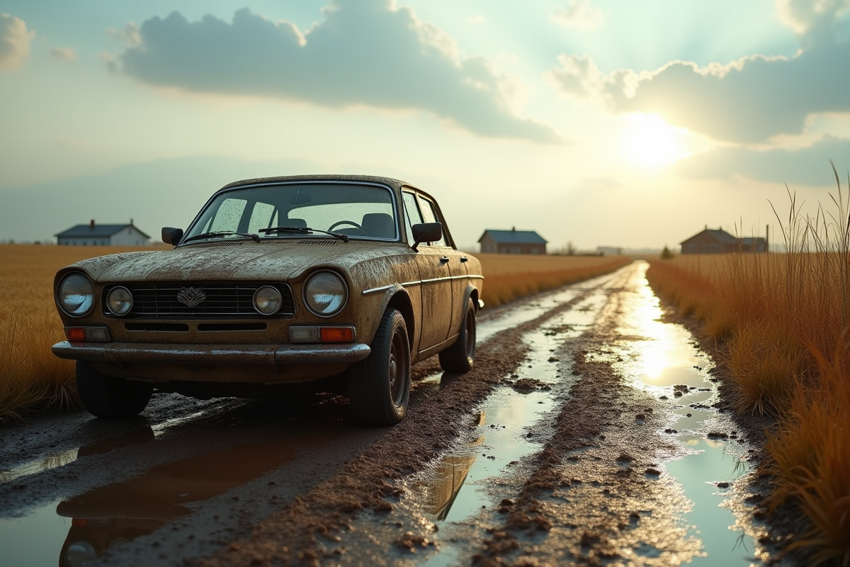 Voiture sale sur route de campagne après pluie abondante