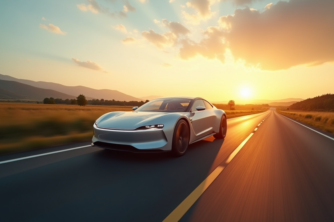 Voiture hybride moderne sur route au lever du soleil