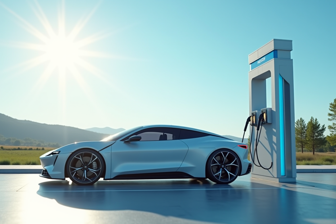 Voiture à hydrogene faisant le plein à une station futuriste en plein soleil