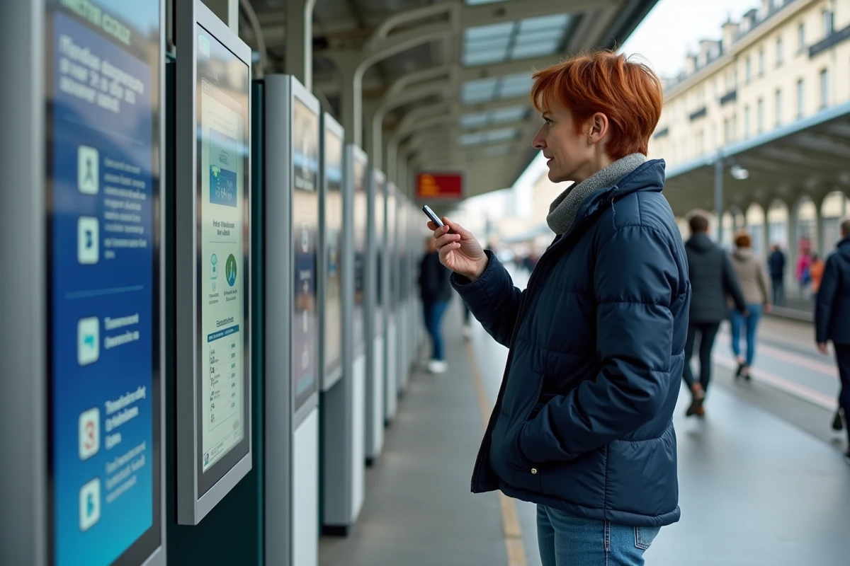Voyageuse consultant les tarifs et abonnements au distributeur automatique d'une station de tramway à Bordeaux