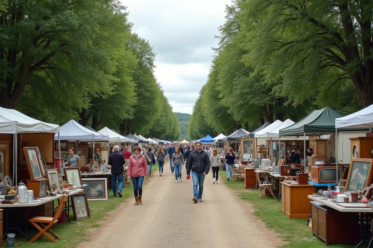 Vue panoramique d'un grand vide-grenier en plein air dans la campagne de l'Yonne avec de nombreux stands et visiteurs